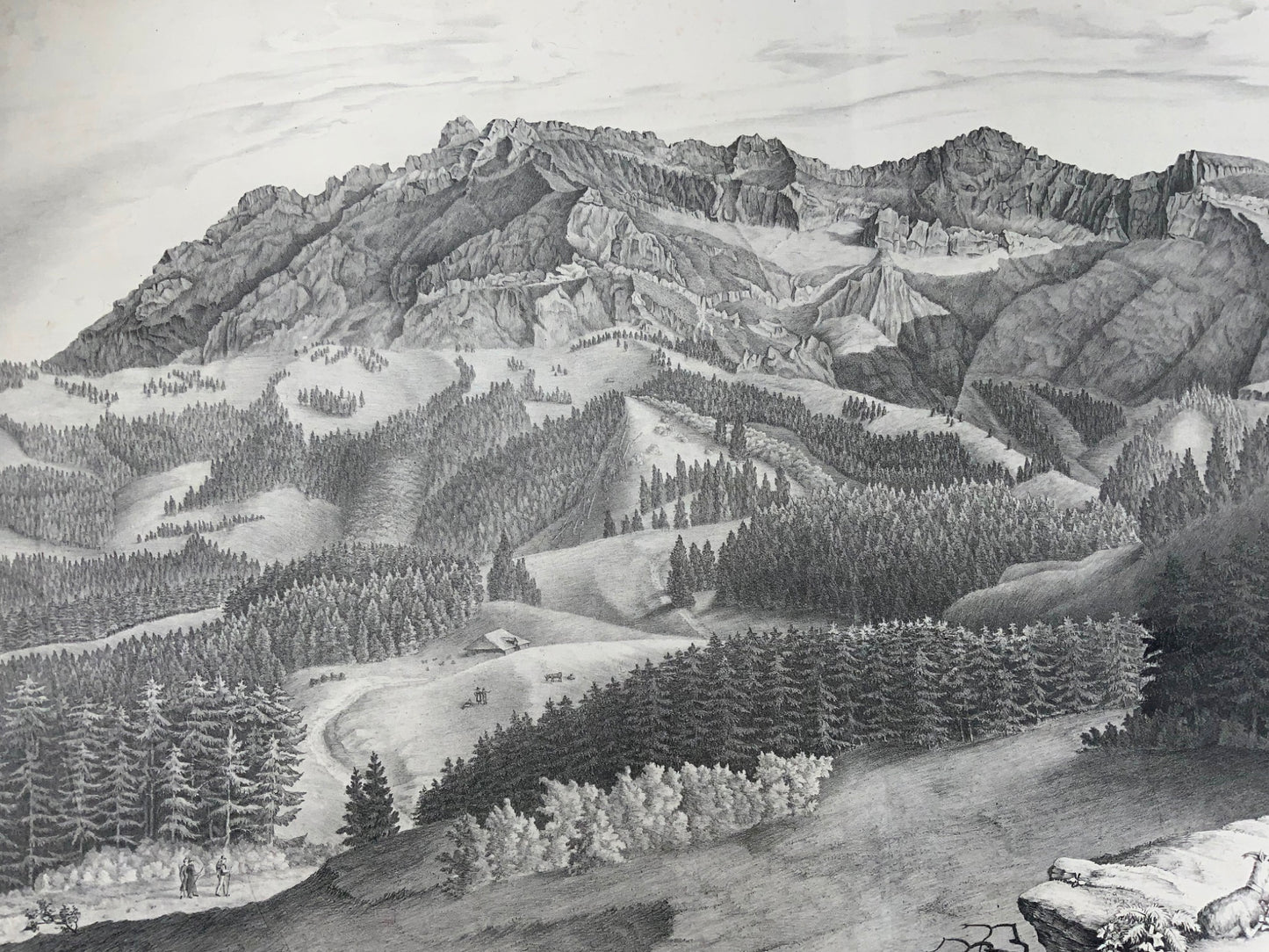 1836 Pilatus, panorama alpin, G. Hoffmann, immense lithographie en pierre, Suisse