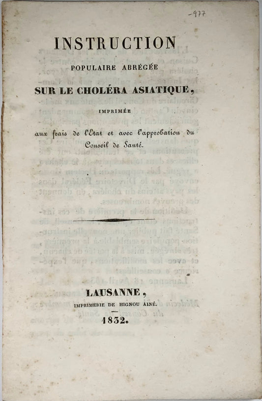 1832 Santé publique, pandémie de choléra, Suisse, brochure