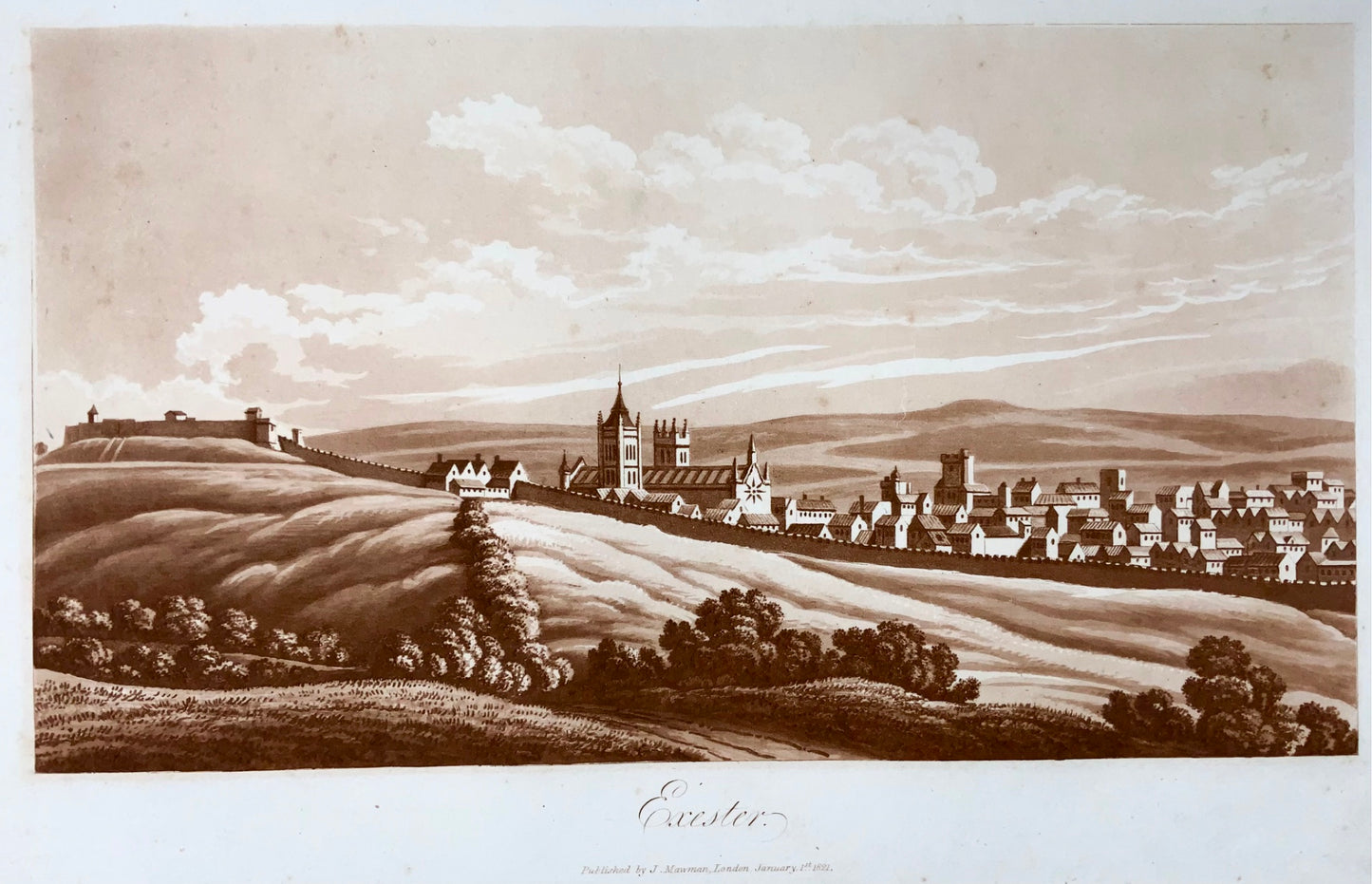 1821 Exeter, Devon, aquatinte sépia, Mawman d'après Shepherd, topographie