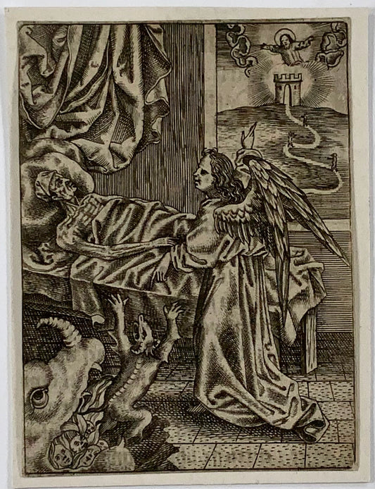 1623 Maître MZ. Ars Moriendi. Ange réprimandant la cupidité, lit de mort, gravure