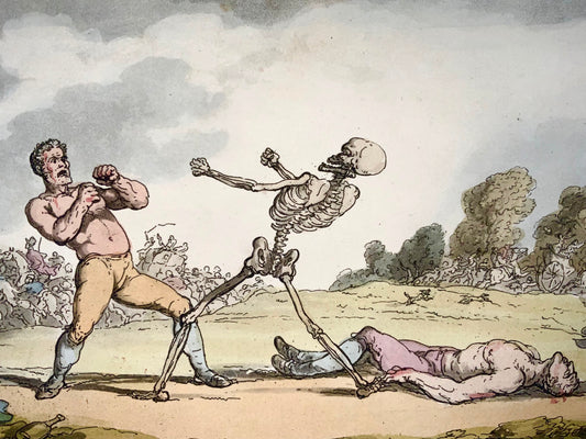 1814 Pugalist, Boxer, Rowlandson, Danse macabre, caricature, humour, aquatinte