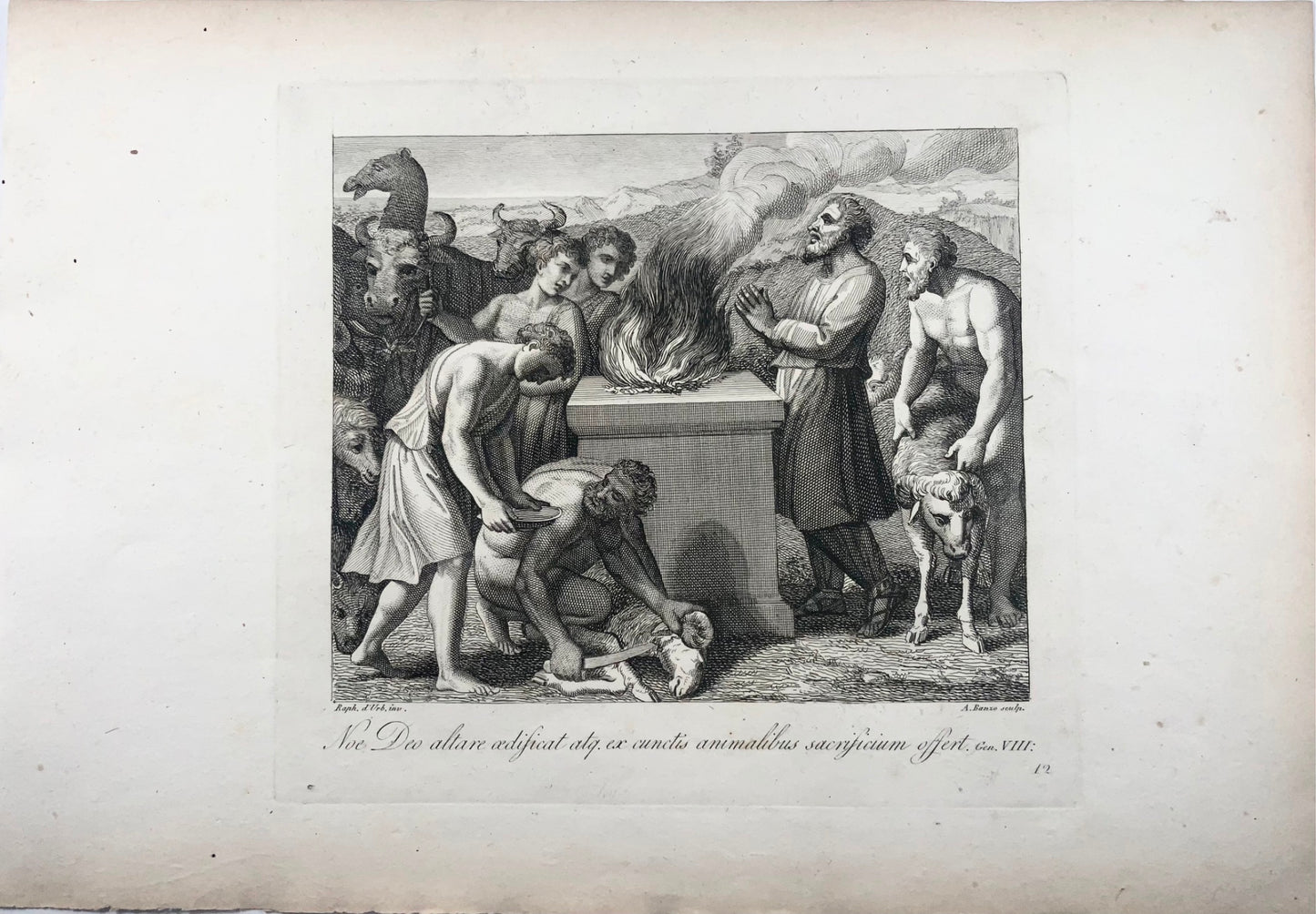 1790 Raphaël (1483-1520) ; A. Banzo, 38 cm Bible Gen 8 Le sacrifice de Jacob