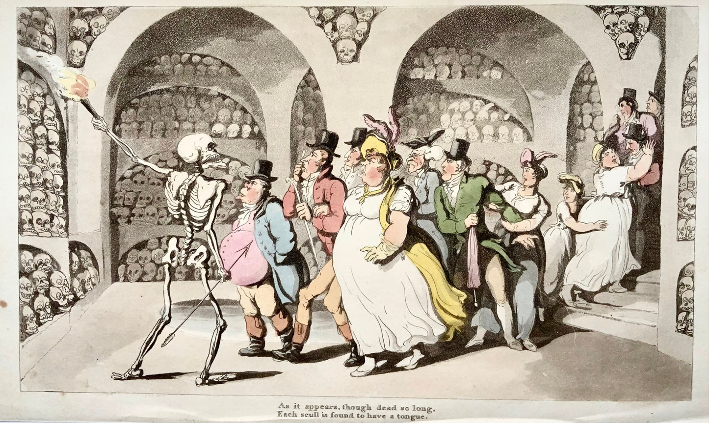 1814 The Bone House, Rowlandson, Danse macabre, caricature, aquatinte humour