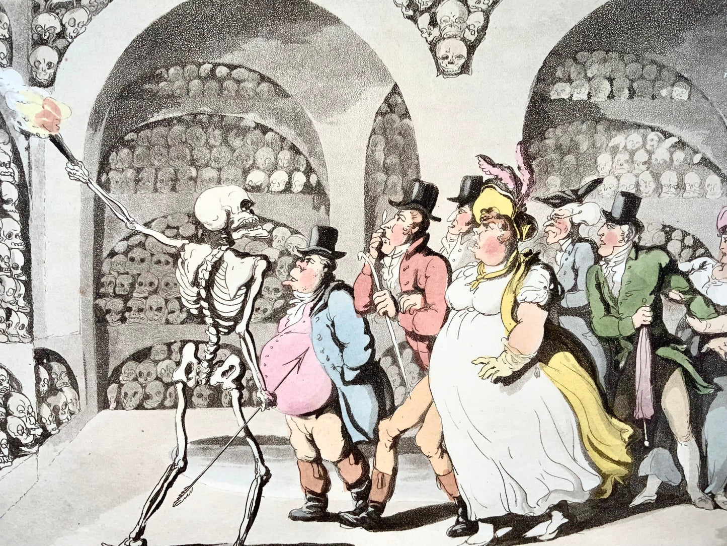 1814 The Bone House, Rowlandson, Dance of Death, caricature, humour aquatint