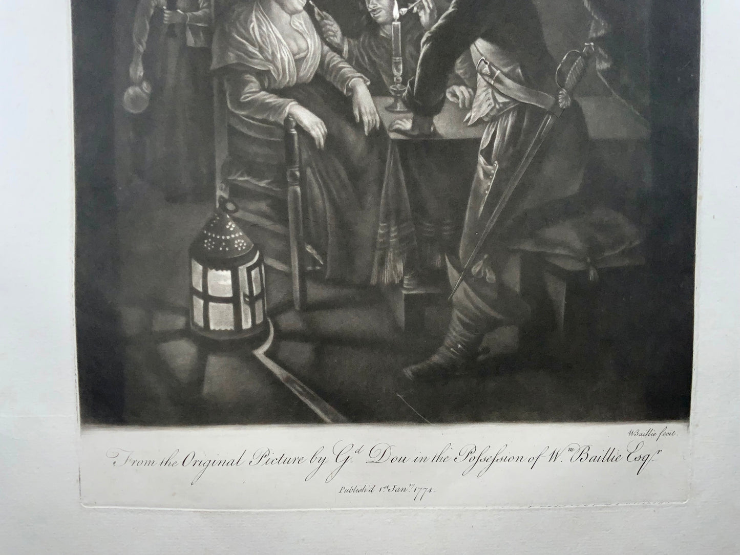 1774 Smoking by Candlelight, manière noire de W. Baillie d'après Gerard Dou, genre