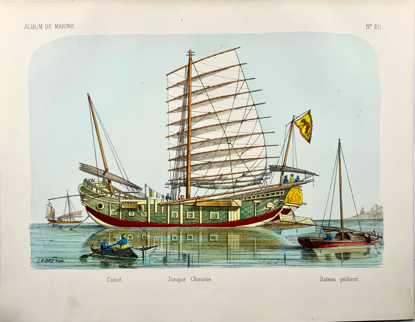 1860 vers. L. Lebreton, Junk Ship chinois, lithographie in-folio sur pierre, couleur à la main