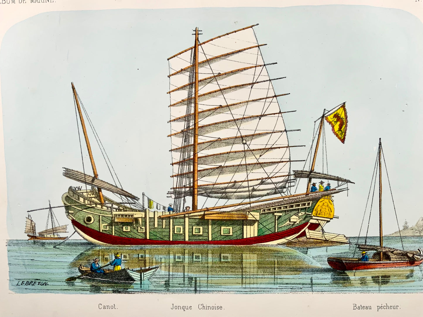1860 vers. L. Lebreton, Junk Ship chinois, lithographie in-folio sur pierre, couleur à la main